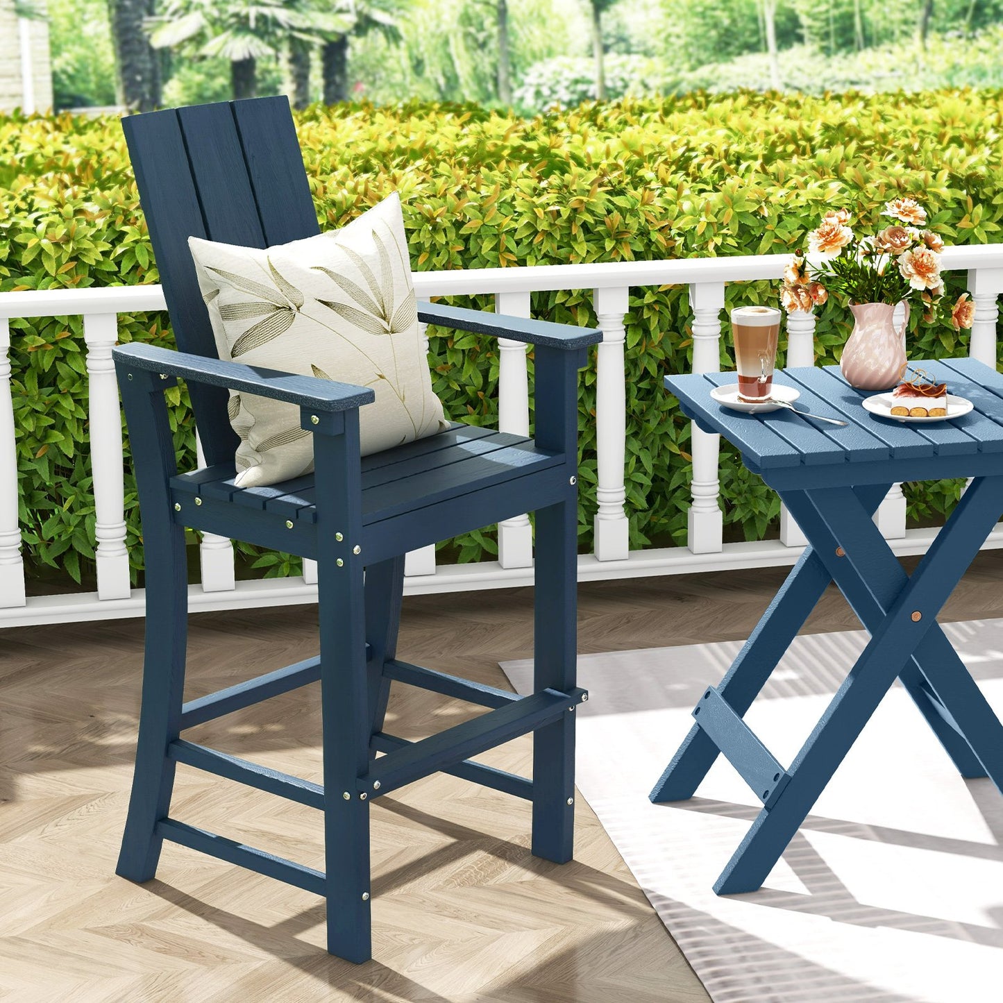 Tall Adirondack Chair Outdoor Bar Stool with Ergonomic Backrest for Backyard-Black