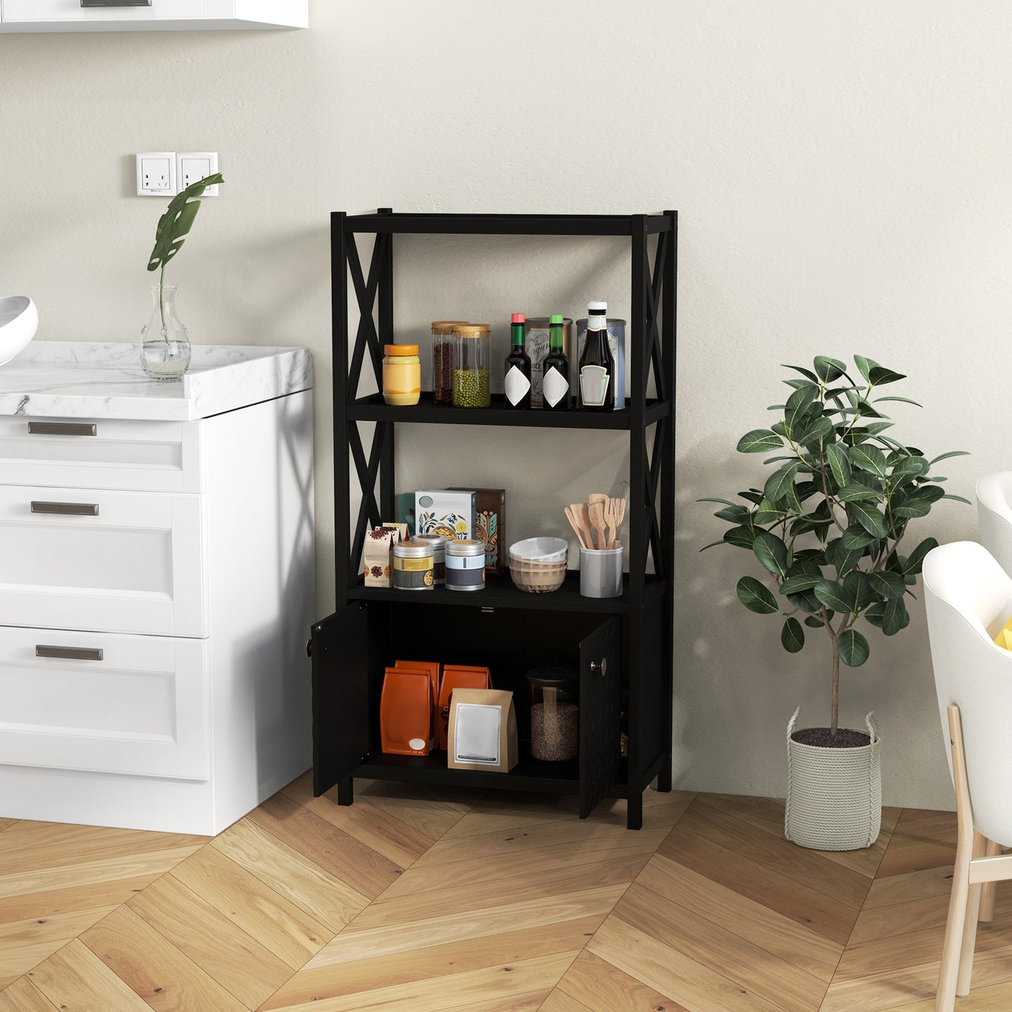 Bathroom Storage Cabinet with Open Shelves and Double Doors-Black