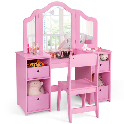 Kids Vanity Table and Chair Set with Removable Mirrors and 4 Storage Bins-Pink