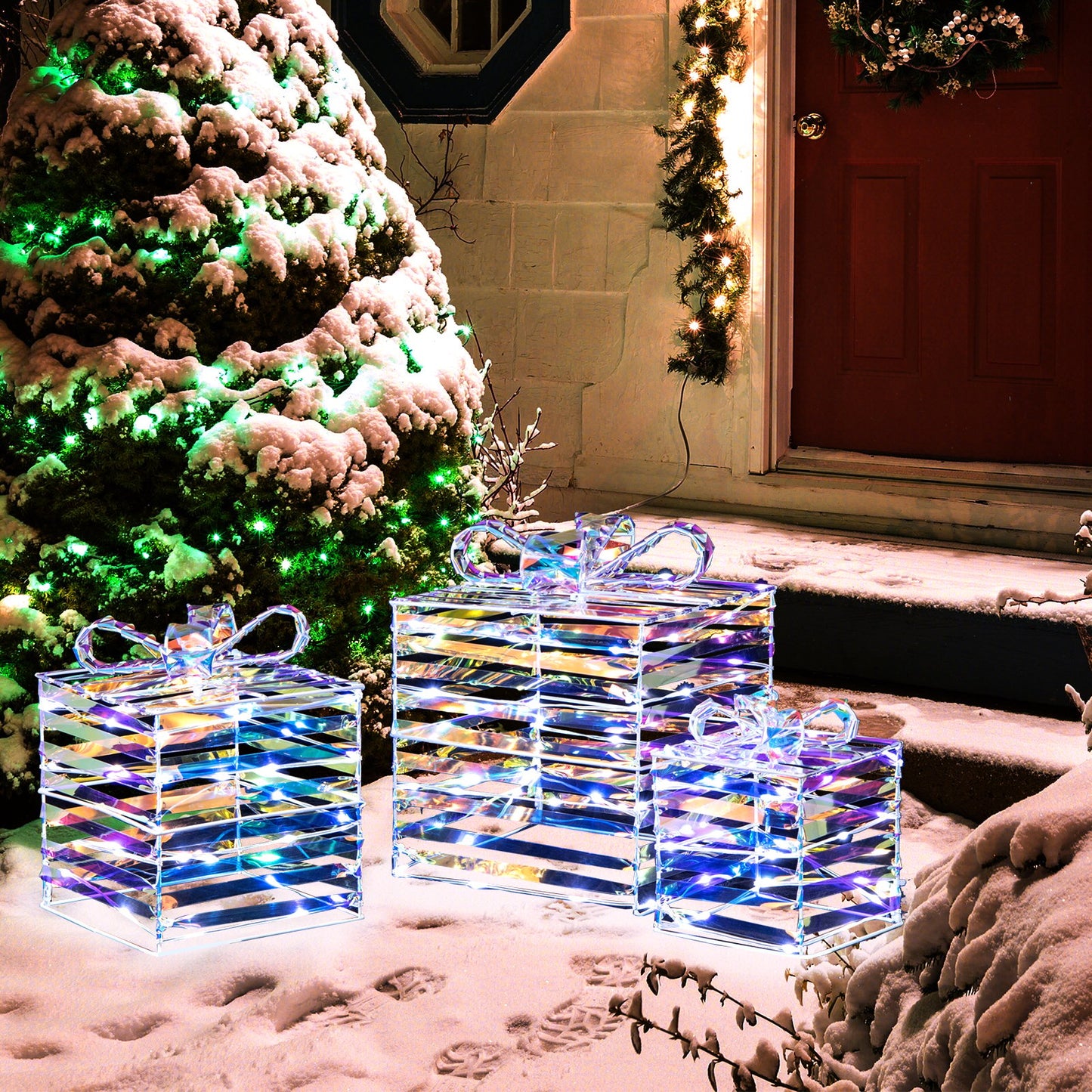 Set of 3 Christmas Lighted Gift Boxes with Bows and Plug