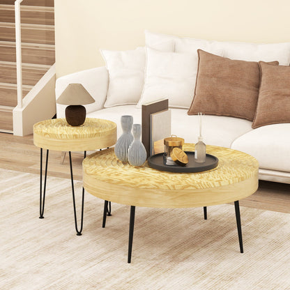 Set of 2 Solid Wood Ring Pattern Farmhouse Round Coffee Tables-Brown