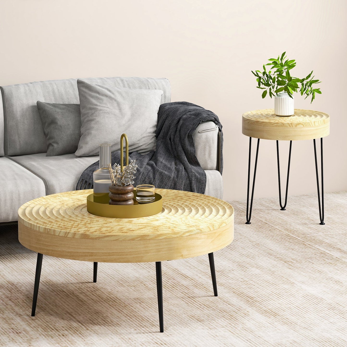 Set of 2 Solid Wood Ring Pattern Farmhouse Round Coffee Tables-Brown