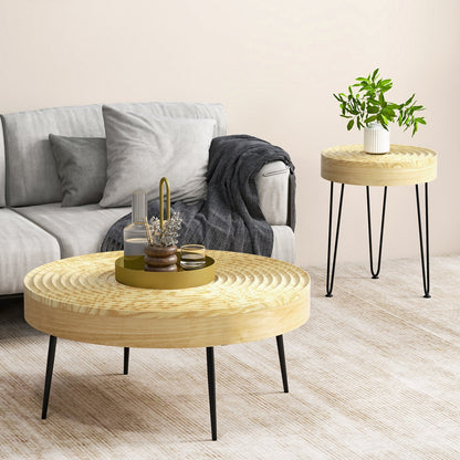 Set of 2 Solid Wood Ring Pattern Farmhouse Round Coffee Tables-Brown