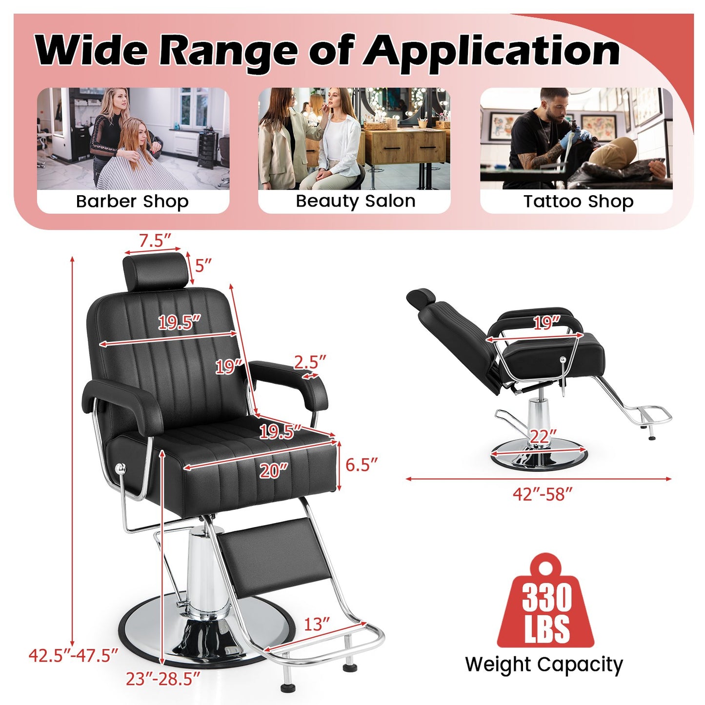 360 Degrees Swivel Salon Hydraulic Barber Chair with Adjustable Headrest and Reclining Backrest-Black