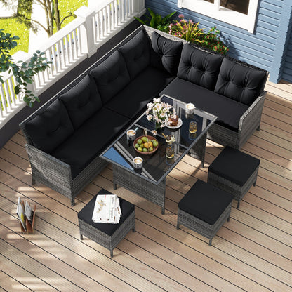7 Pieces Patio Dining Furniture Set with Soft Cushions and Ottomans-Black