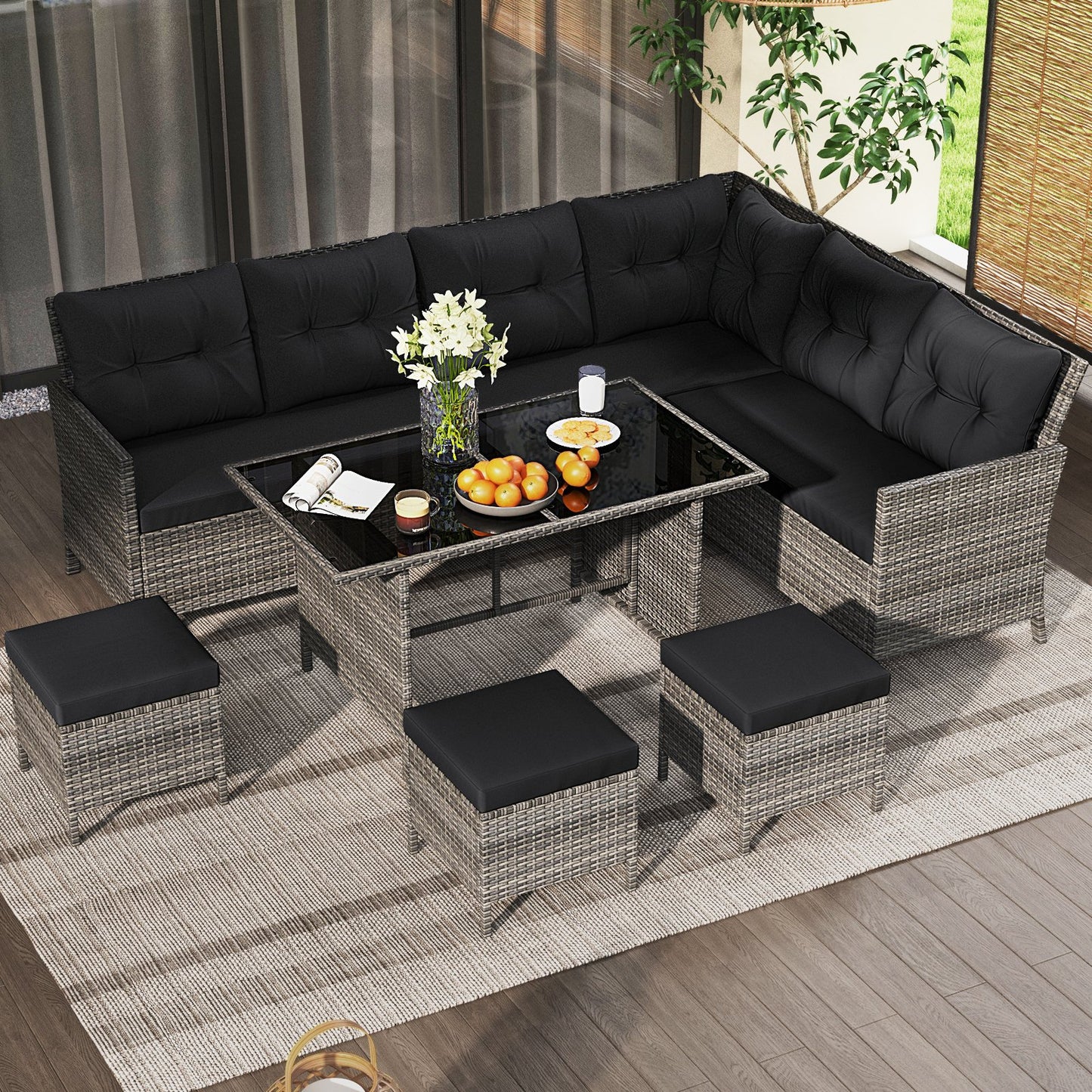 7 Pieces Patio Dining Furniture Set with Soft Cushions and Ottomans-Black
