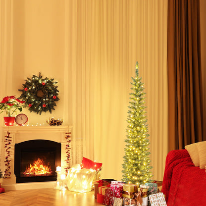 5/6/7/8/9 Feet Pre-lit Pencil Artificial Christmas Tree with 150/180/200//300/400 Warm White LED Lights-7 ft
