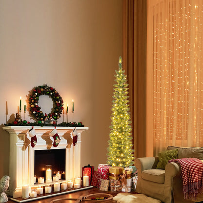 5/6/7/8/9 Feet Pre-lit Pencil Artificial Christmas Tree with 150/180/200//300/400 Warm White LED Lights-7 ft