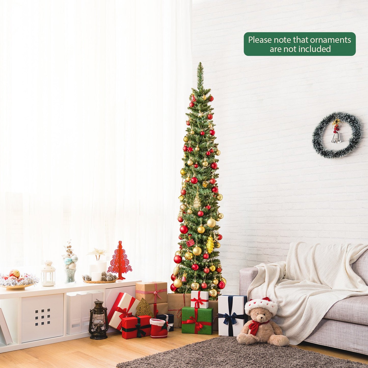 5/6/7/8/9 Feet Pre-lit Pencil Artificial Christmas Tree with 150/180/200//300/400 Warm White LED Lights-7 ft