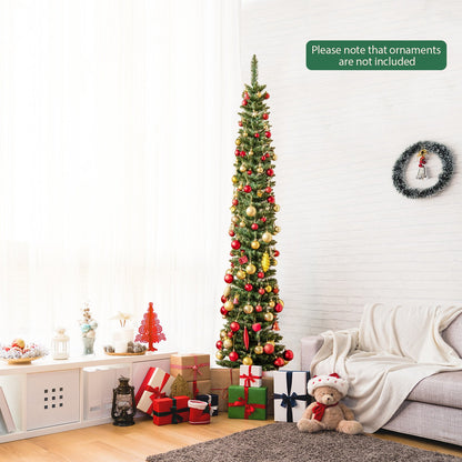 5/6/7/8/9 Feet Pre-lit Pencil Artificial Christmas Tree with 150/180/200//300/400 Warm White LED Lights-7 ft