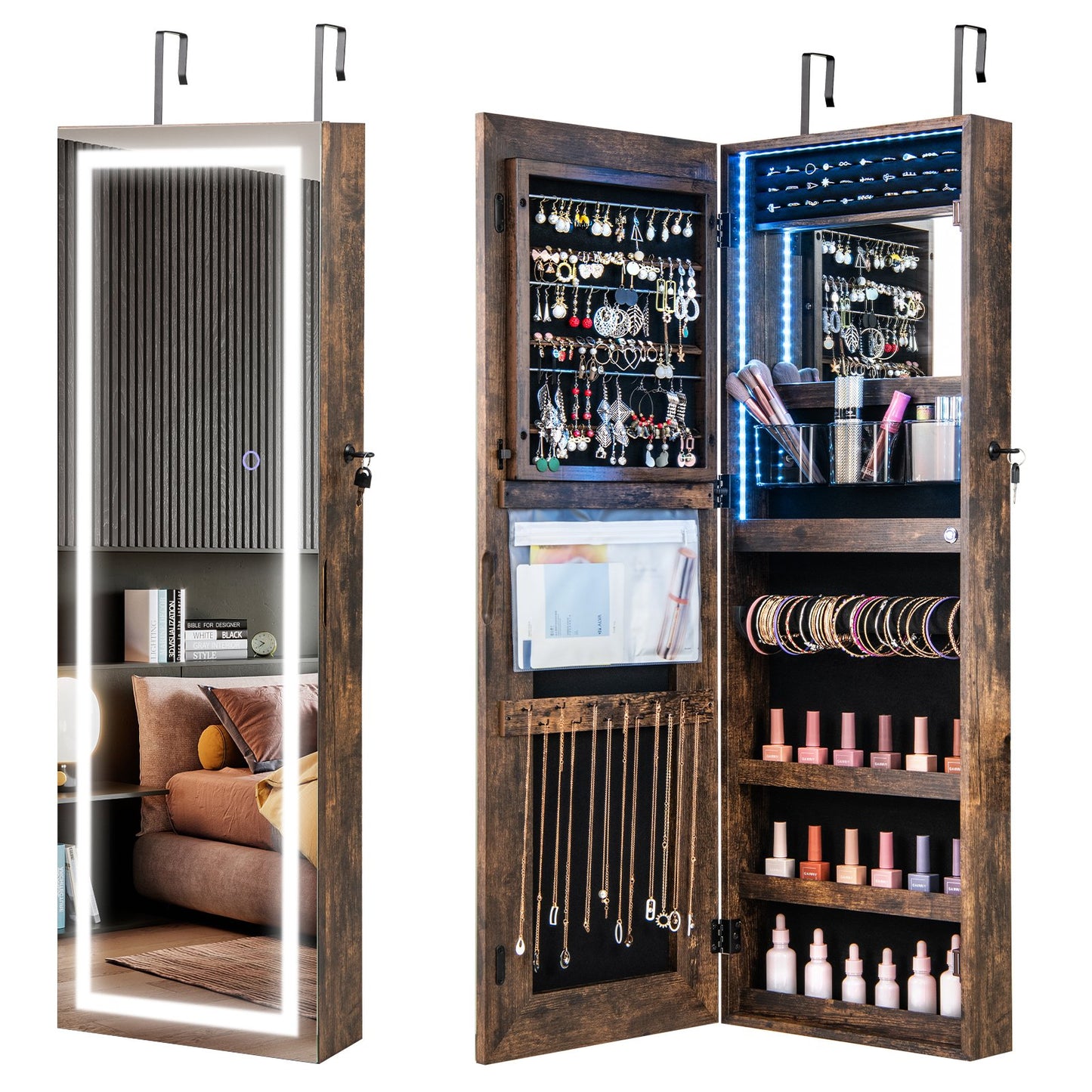 42.5 Inches Lockable Jewelry Mirror Wall Cabinet with 3-Color LED Lights-Black