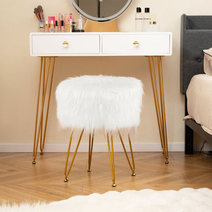 Faux Fur Vanity Stool Chair with Metal Legs for Bedroom and Living Room-Pink