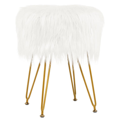Faux Fur Vanity Stool Chair with Metal Legs for Bedroom and Living Room-Pink