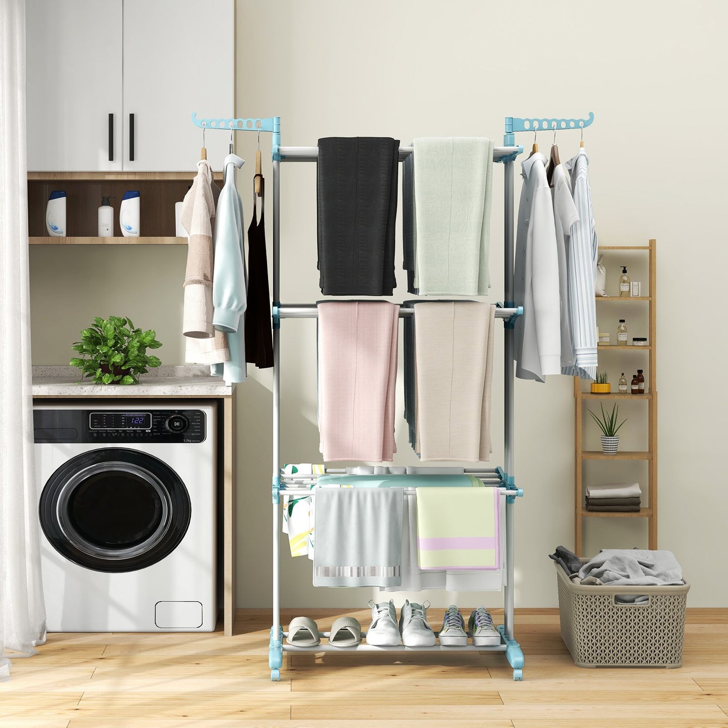 4-tier Clothes Drying Rack with Rotatable Side Wings and Collapsible Shelves-Blue