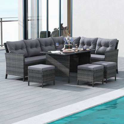 7 Pieces Patio Dining Furniture Set with Soft Cushions and Ottomans-Black