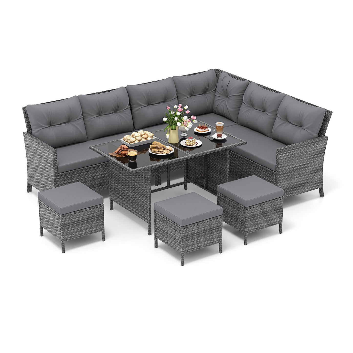 7 Pieces Patio Dining Furniture Set with Soft Cushions and Ottomans-Black