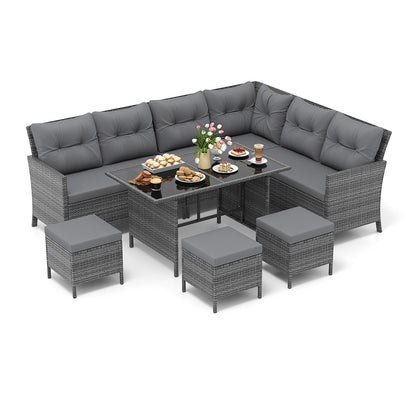 7 Pieces Patio Dining Furniture Set with Soft Cushions and Ottomans-Black