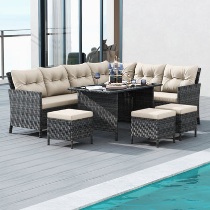 7 Pieces Patio Dining Furniture Set with Soft Cushions and Ottomans-Black