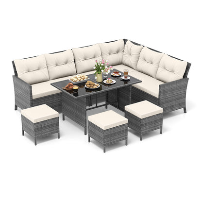 7 Pieces Patio Dining Furniture Set with Soft Cushions and Ottomans-Black