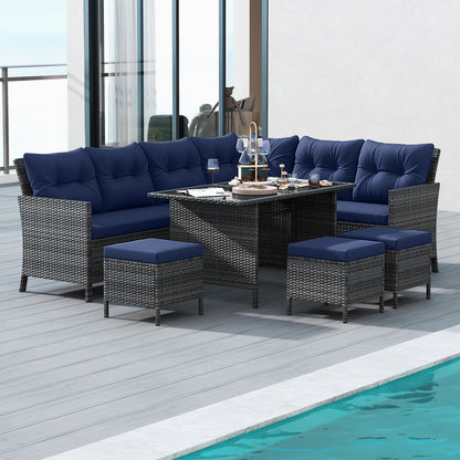 7 Pieces Patio Dining Furniture Set with Soft Cushions and Ottomans-Black
