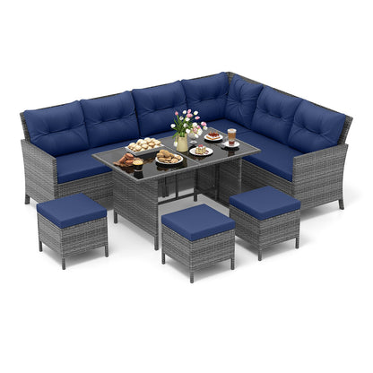 7 Pieces Patio Dining Furniture Set with Soft Cushions and Ottomans-Black