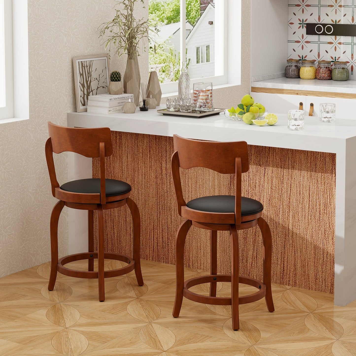 Swivel Bar Stools Set of 2 with Rubber Wood Frame and Upholstered Seat-29 Inch