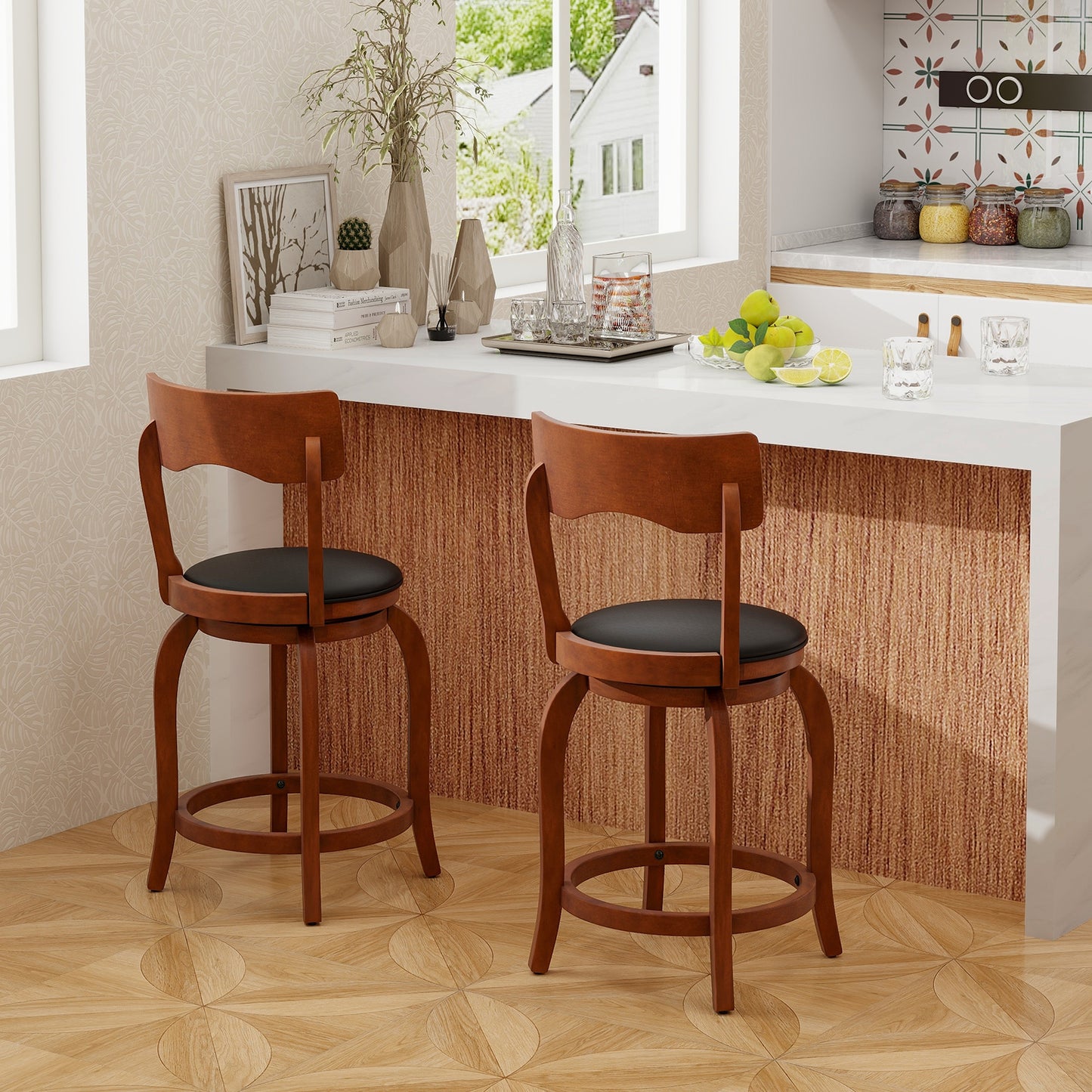 Swivel Bar Stools Set of 2 with Rubber Wood Frame and Upholstered Seat-24 Inch