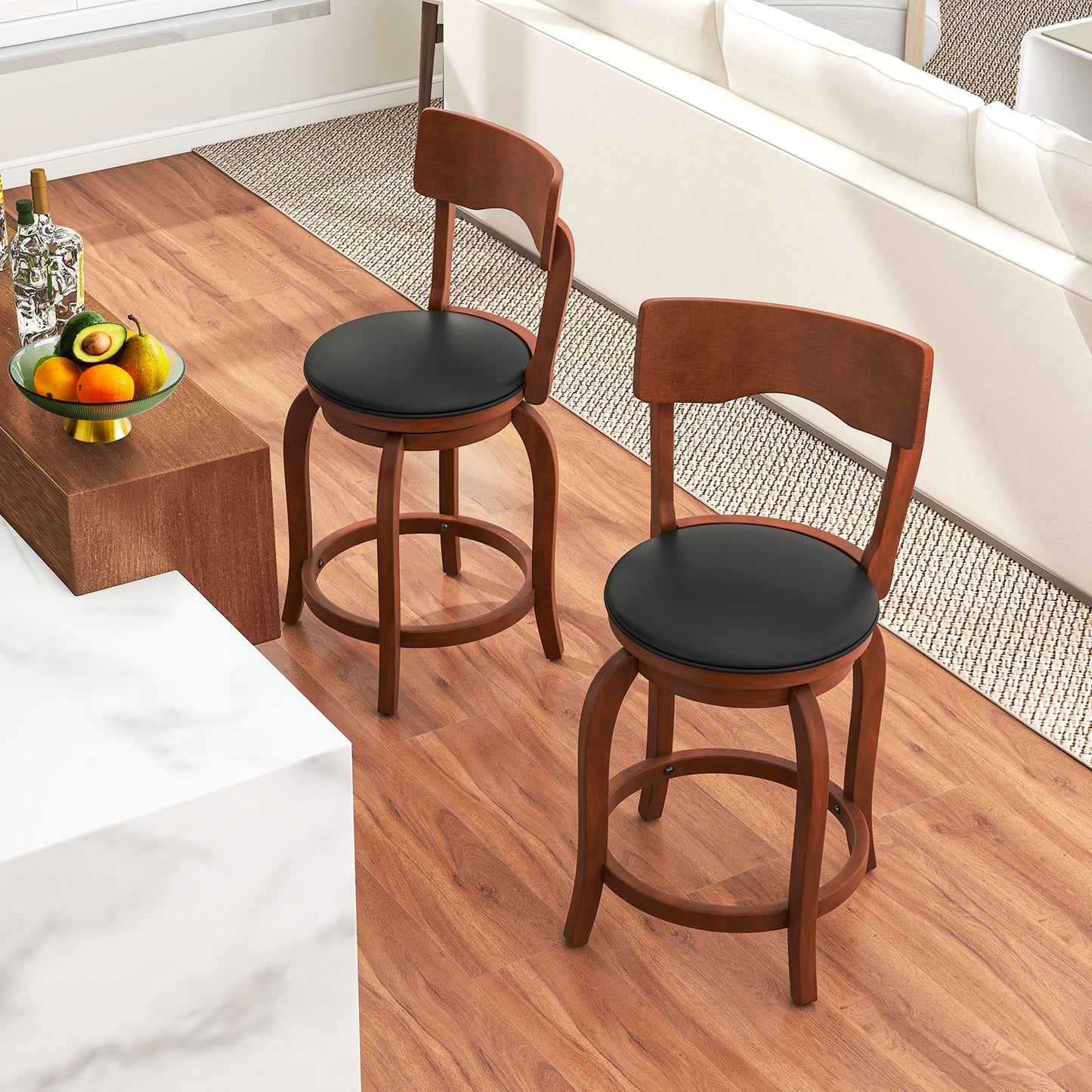 Swivel Bar Stools Set of 2 with Rubber Wood Frame and Upholstered Seat-29 Inch