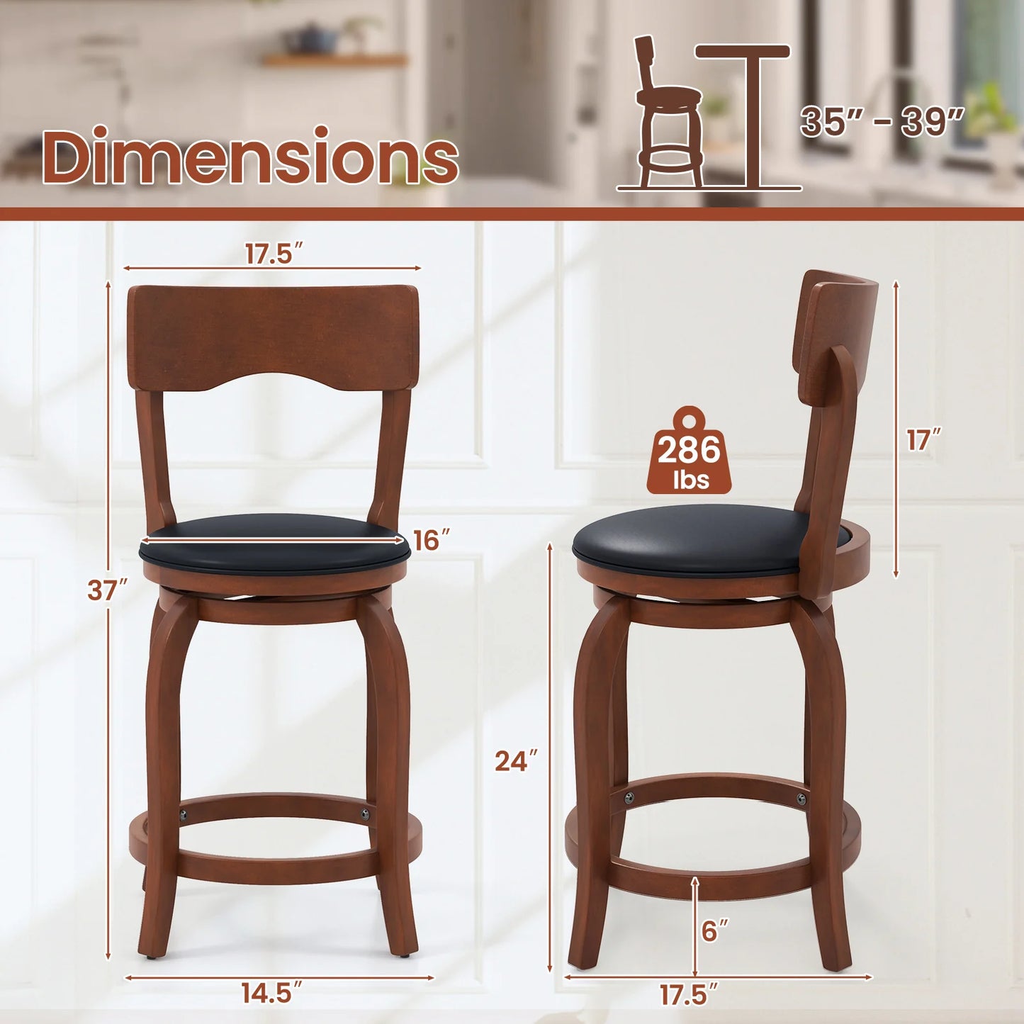 Swivel Bar Stools Set of 2 with Rubber Wood Frame and Upholstered Seat-24 Inch