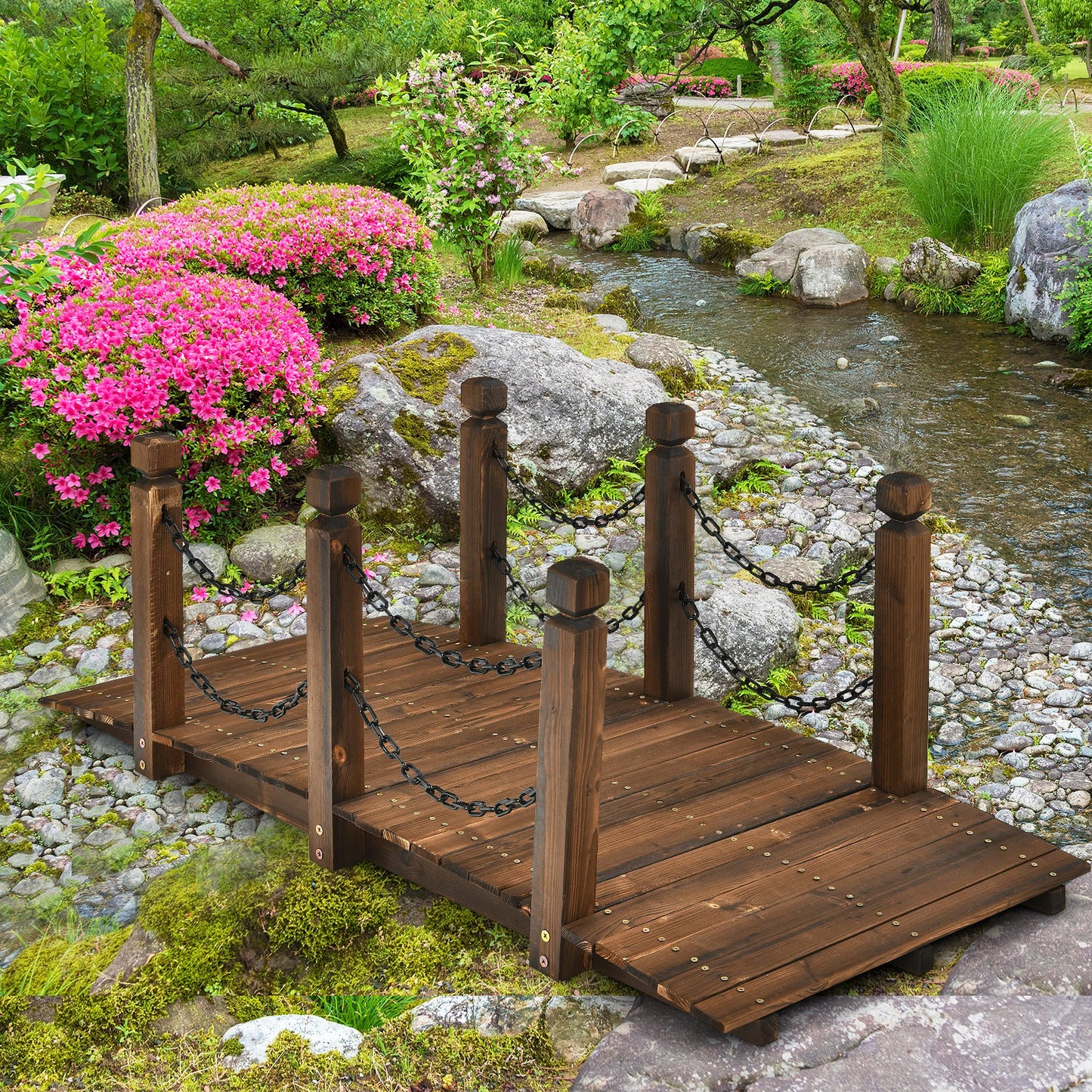 5 Feet Wooden Garden Bridge Arc Footbridge Stained Finish Walkway with Safety Rails
