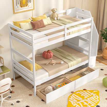 Twin Over Twin Bunk Bed with Storage Stairs and Drawers-Coffee