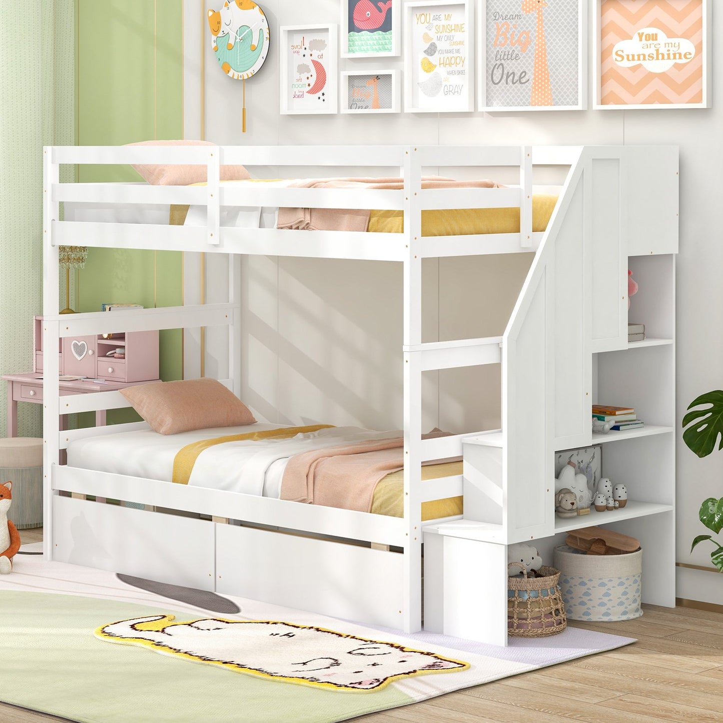 Twin Over Twin Bunk Bed with Storage Stairs and Drawers-Coffee