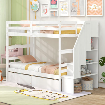 Twin Over Twin Bunk Bed with Storage Stairs and Drawers-Coffee