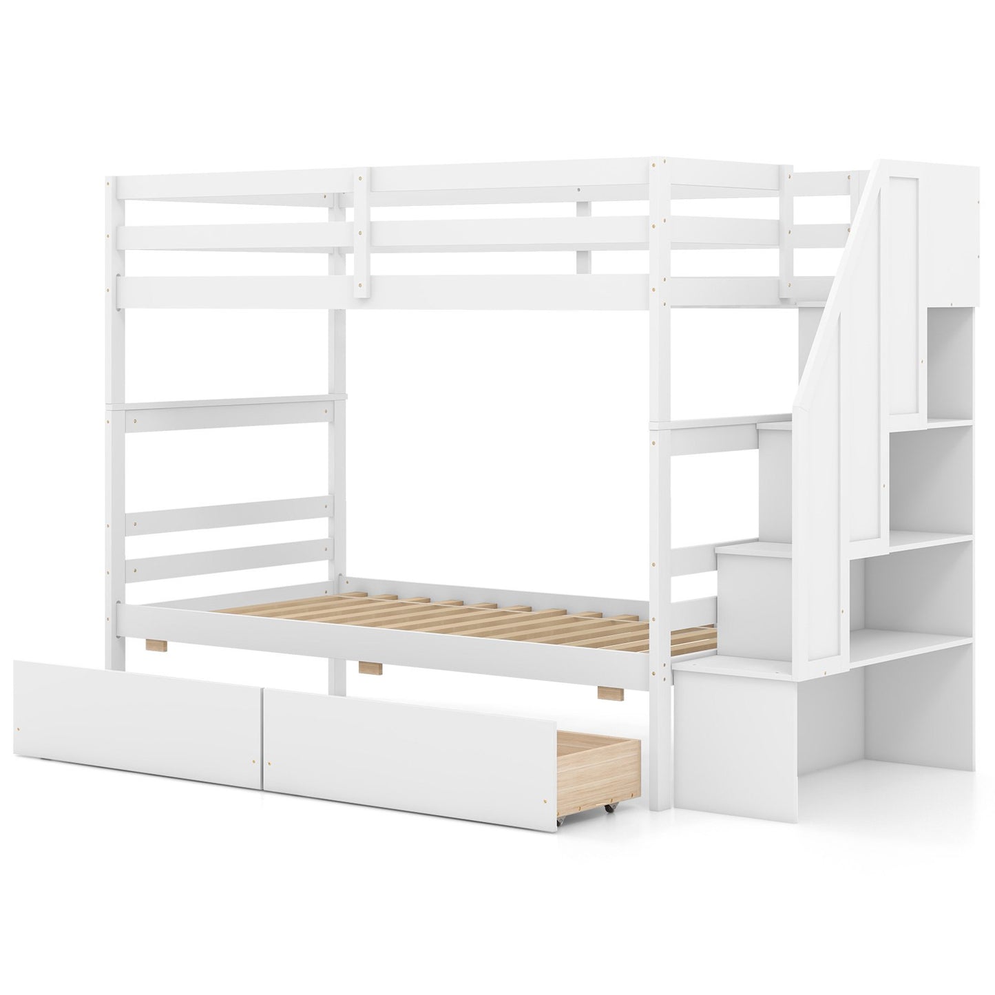 Twin Over Twin Bunk Bed with Storage Stairs and Drawers-Coffee