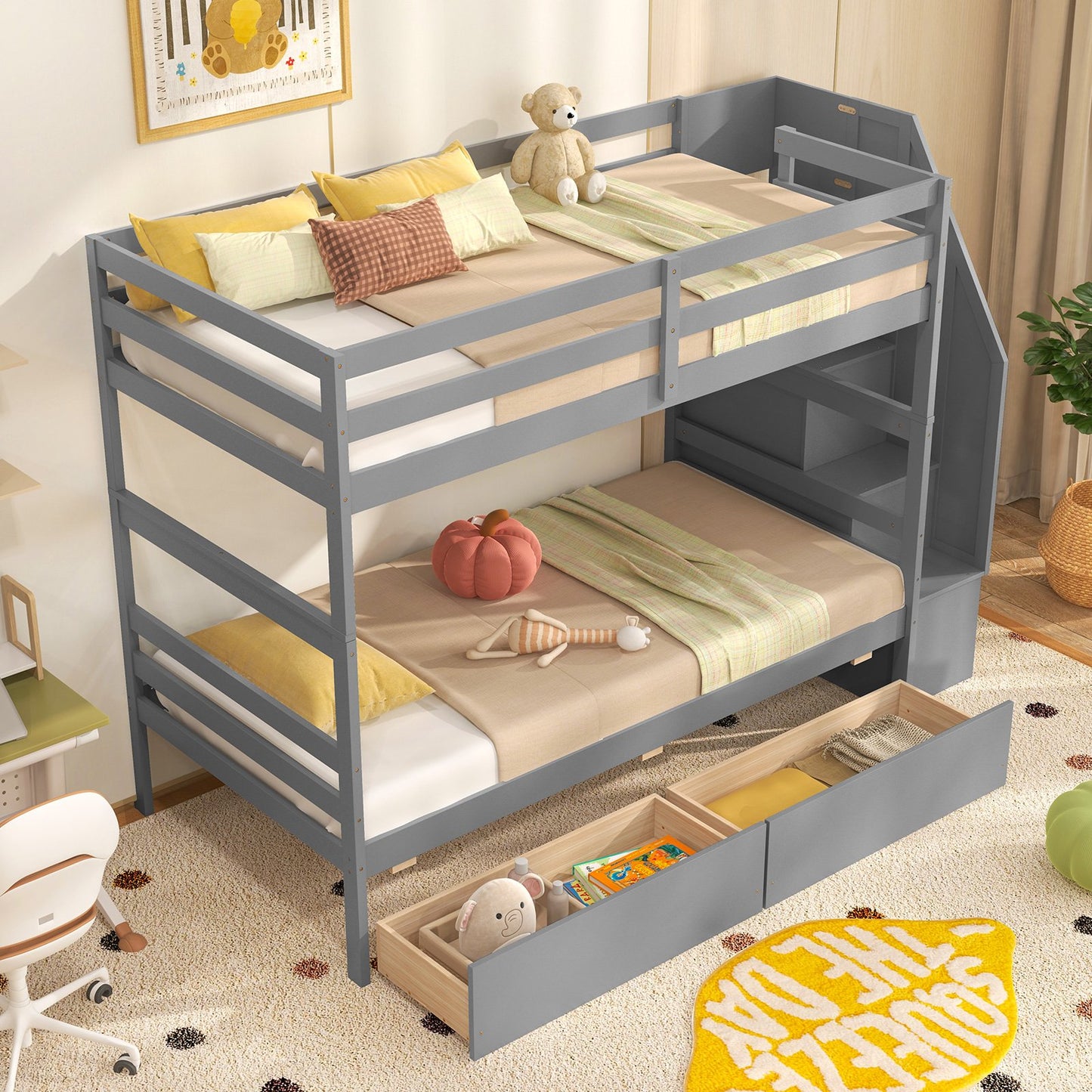 Twin Over Twin Bunk Bed with Storage Stairs and Drawers-Coffee