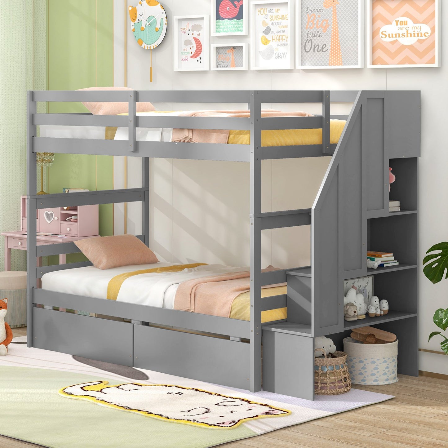 Twin Over Twin Bunk Bed with Storage Stairs and Drawers-Coffee