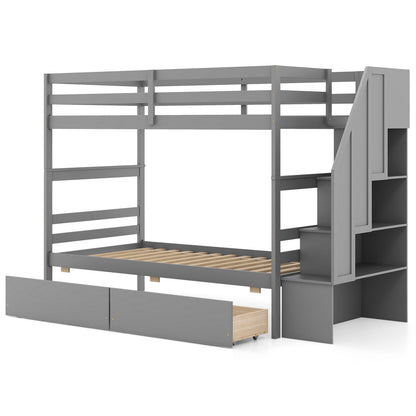 Twin Over Twin Bunk Bed with Storage Stairs and Drawers-Coffee