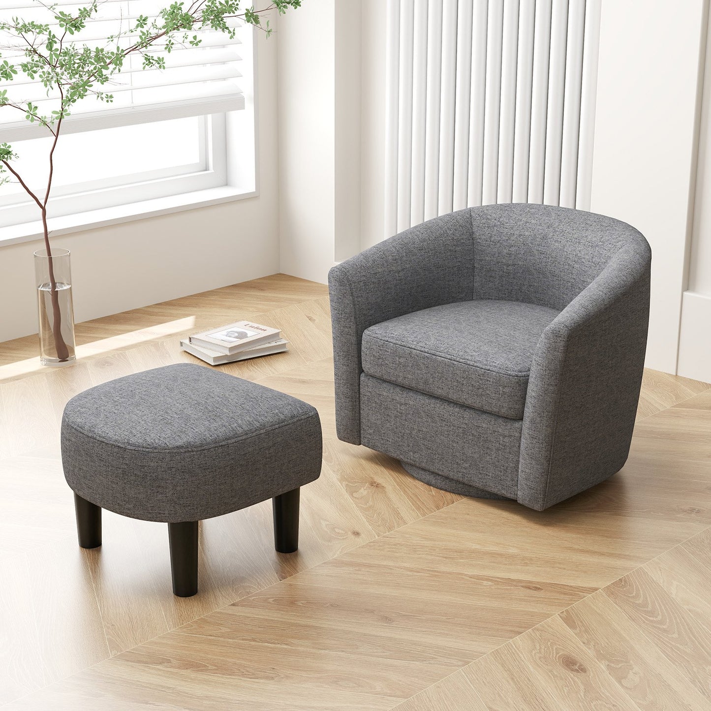 Modern Club Swivel Accent Chair with Ottoman Footrest Curved Backrest-Brown