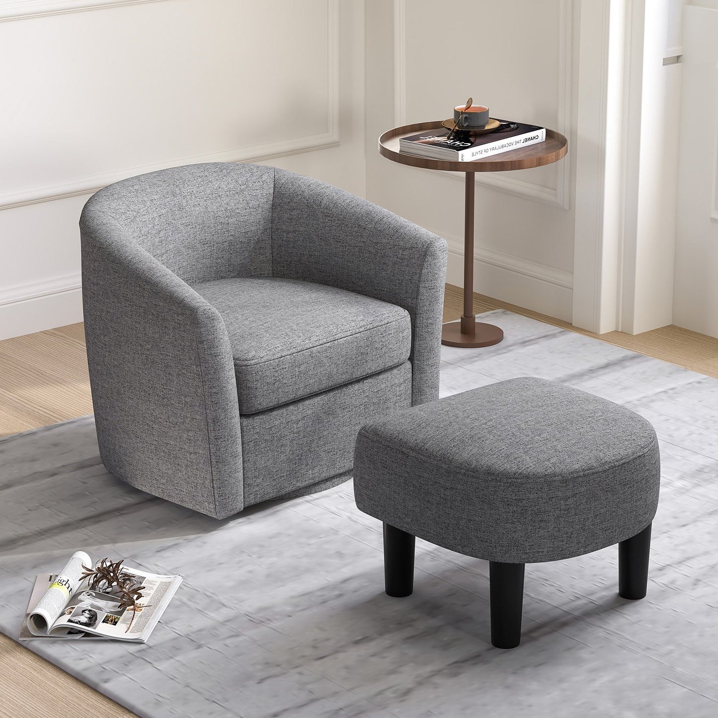 Modern Club Swivel Accent Chair with Ottoman Footrest Curved Backrest-Brown