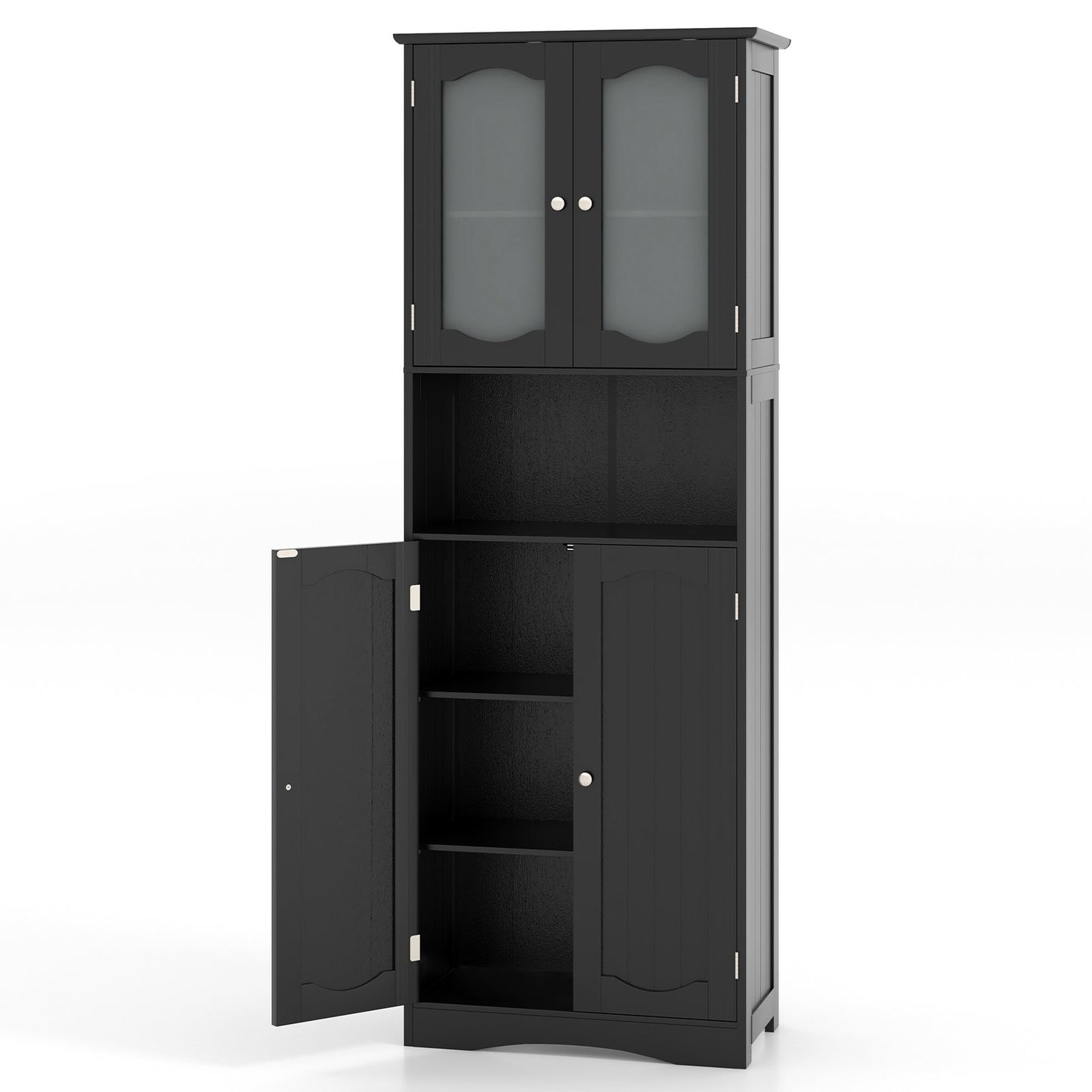 64.5 Inches Tall Bathroom Storage Cabinet with Frost Glass Doors and Shelves-Black