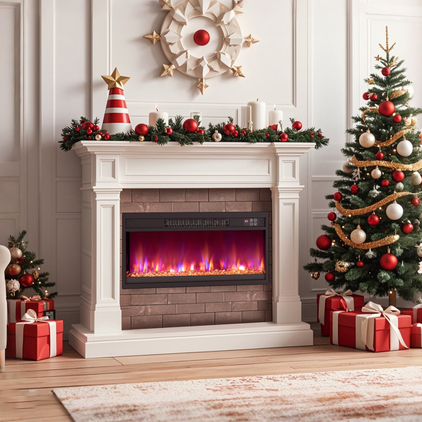 26-inch electric fireplace insert with 1500W power, featuring realistic flames and remote control for easy climate control.