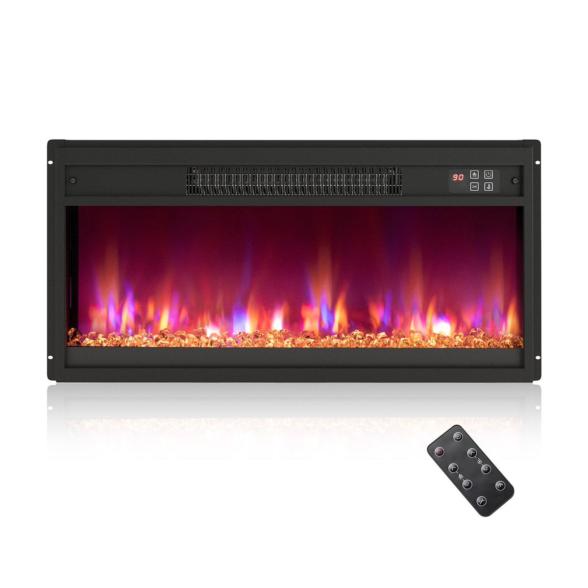 26-inch electric fireplace insert with remote control, 1500W, black finish, designed for climate control and cozy ambiance.