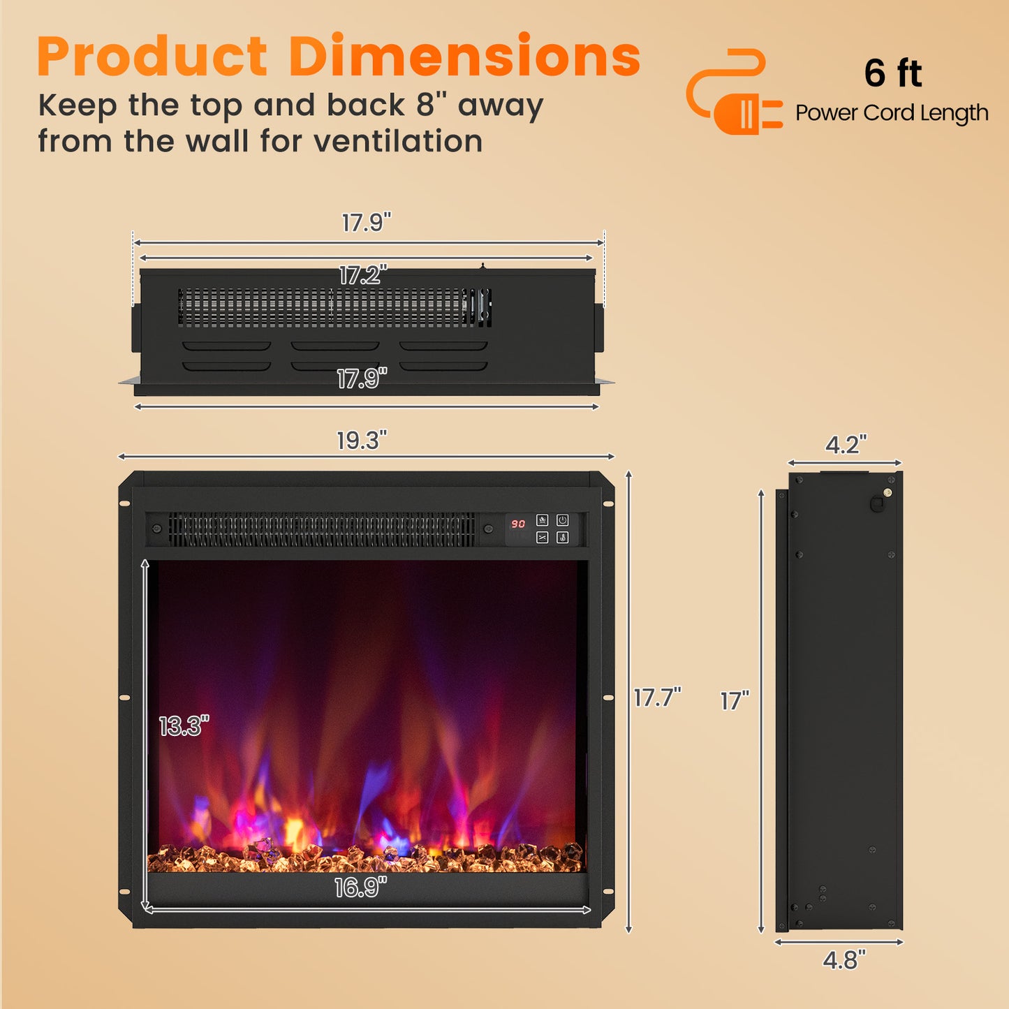 18/23/26 Inch 1500W Electric Fireplace Insert with Remote Control-18 inches