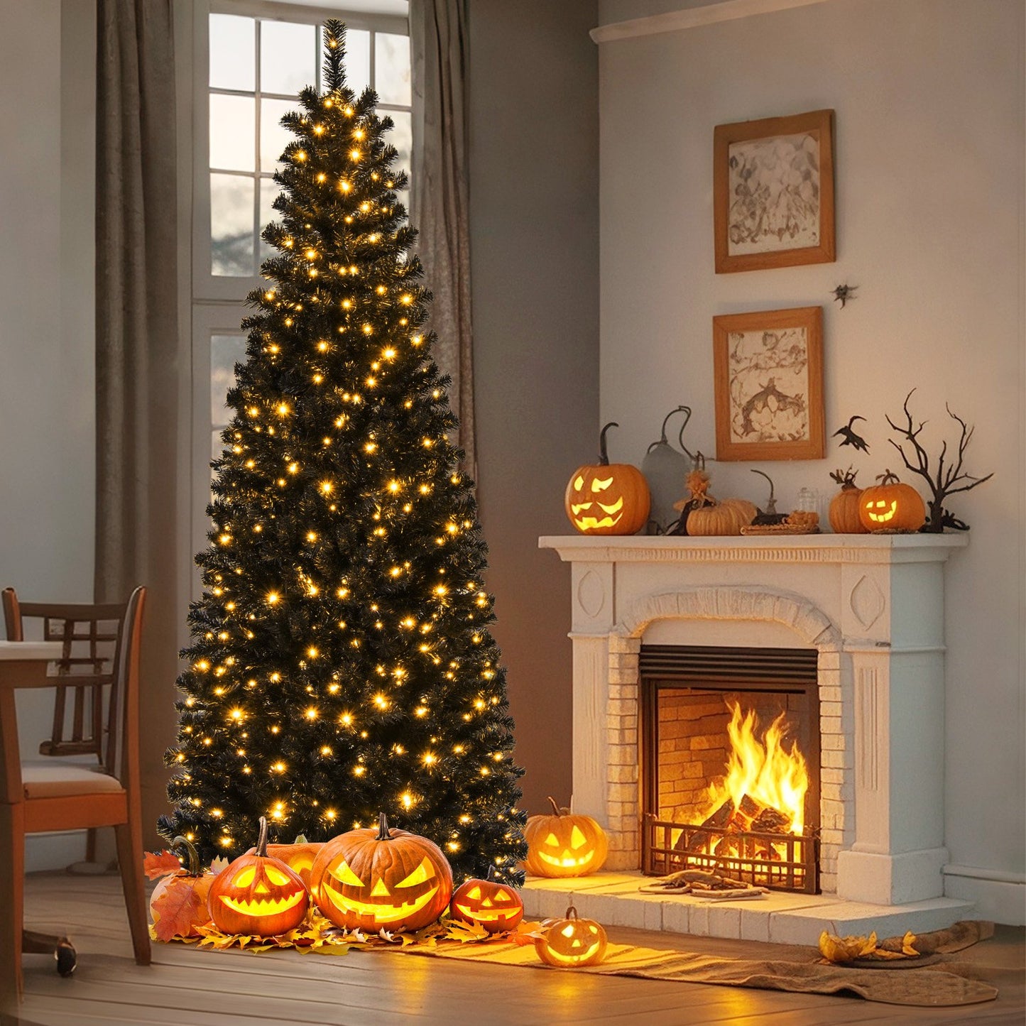 Pre-lit Christmas Halloween Tree with PVC Branch Tips and Warm White Lights-7'