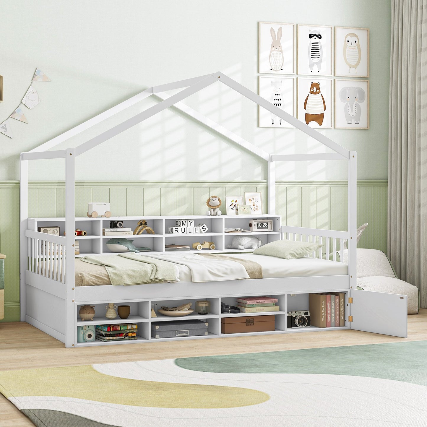 Twin Size House Bed with Roof with 14 Storage Cubes and Enclosed Cabinet-Gray