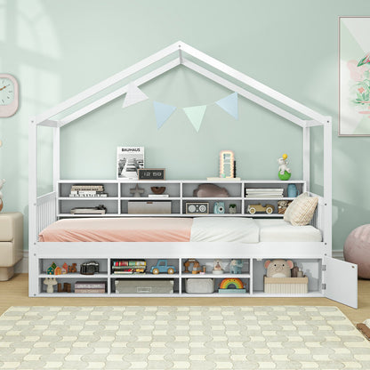 Twin Size House Bed with Roof with 14 Storage Cubes and Enclosed Cabinet-Gray