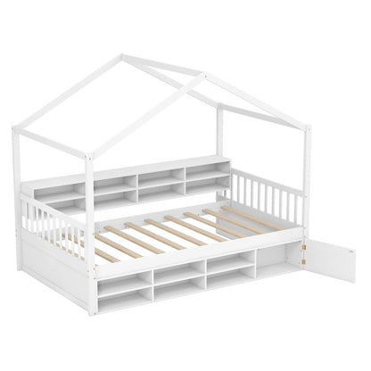 Twin Size House Bed with Roof with 14 Storage Cubes and Enclosed Cabinet-Gray