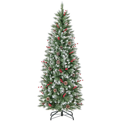 Pre-lit Artificial Pencil Christmas Tree with Pine Cones and Red Berries-7 ft