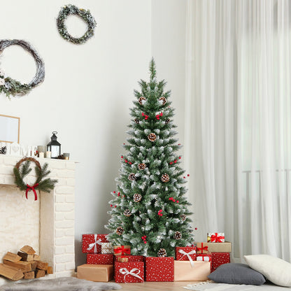 Pre-lit Artificial Pencil Christmas Tree with Pine Cones and Red Berries-7 ft