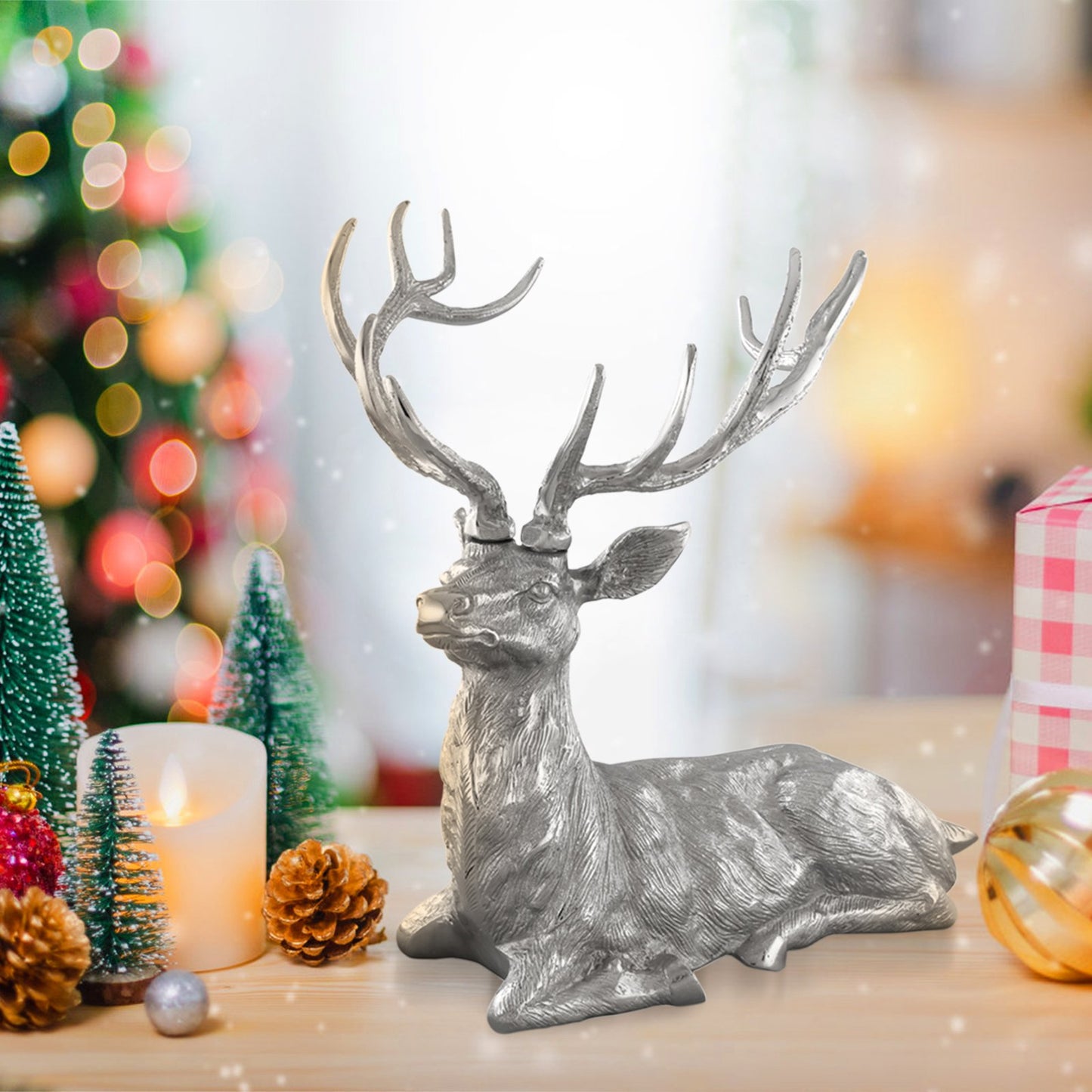 Standing Reindeer Statue Aluminum Deer Sculpture for Indoors Christmas Decor-Black